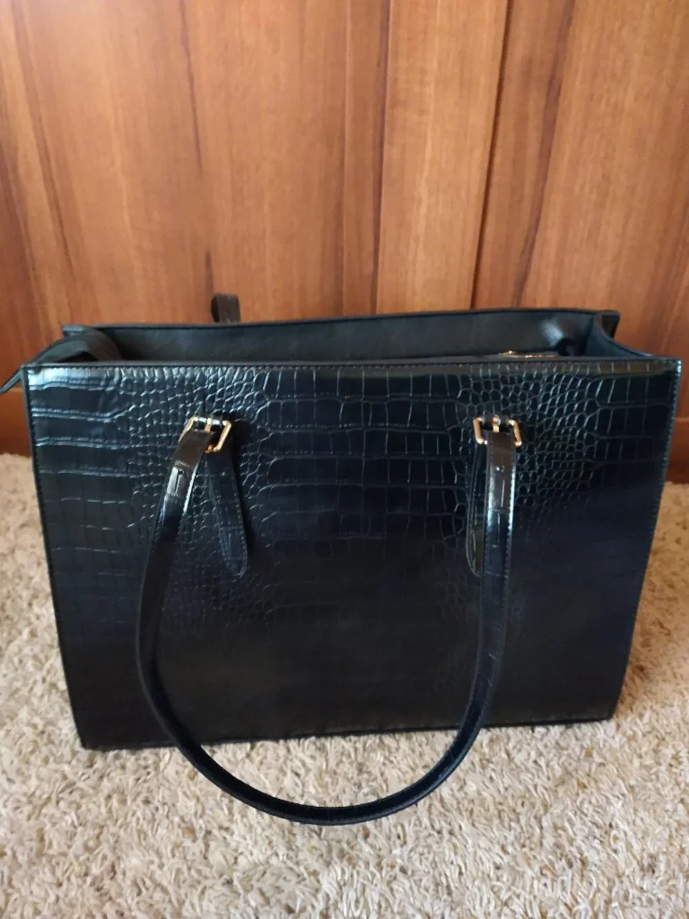 Black Crocodile Embossed Laptop Tote Bag with Strap